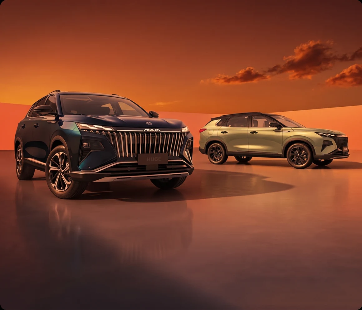 Two Aeolus Huge SUVs, one dark blue and one light green, parked against a warm orange sunset sky