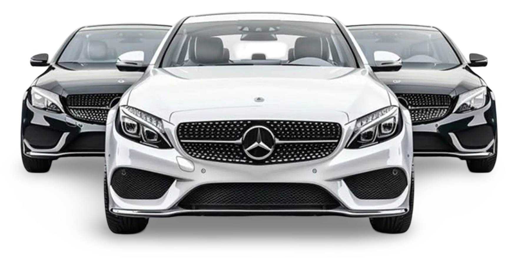 A white Mercedes-Benz sedan centered in front of two black Mercedes-Benz sedans
